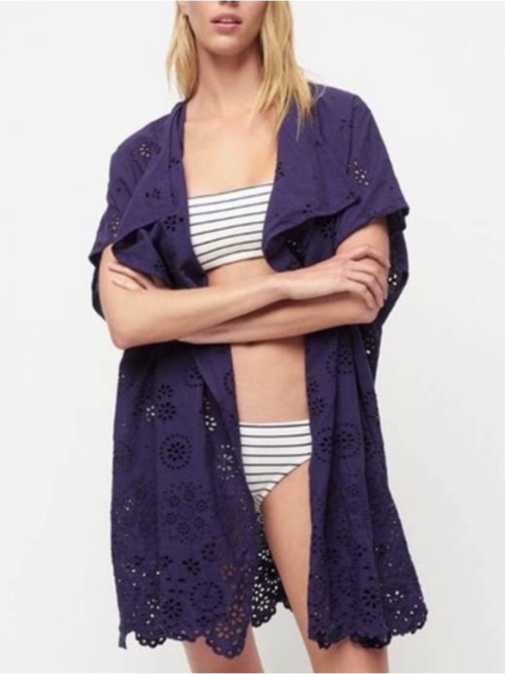 J. Crew Blue Purple 100% Organic Cotton Eyelet Open Front Coverup size M/L